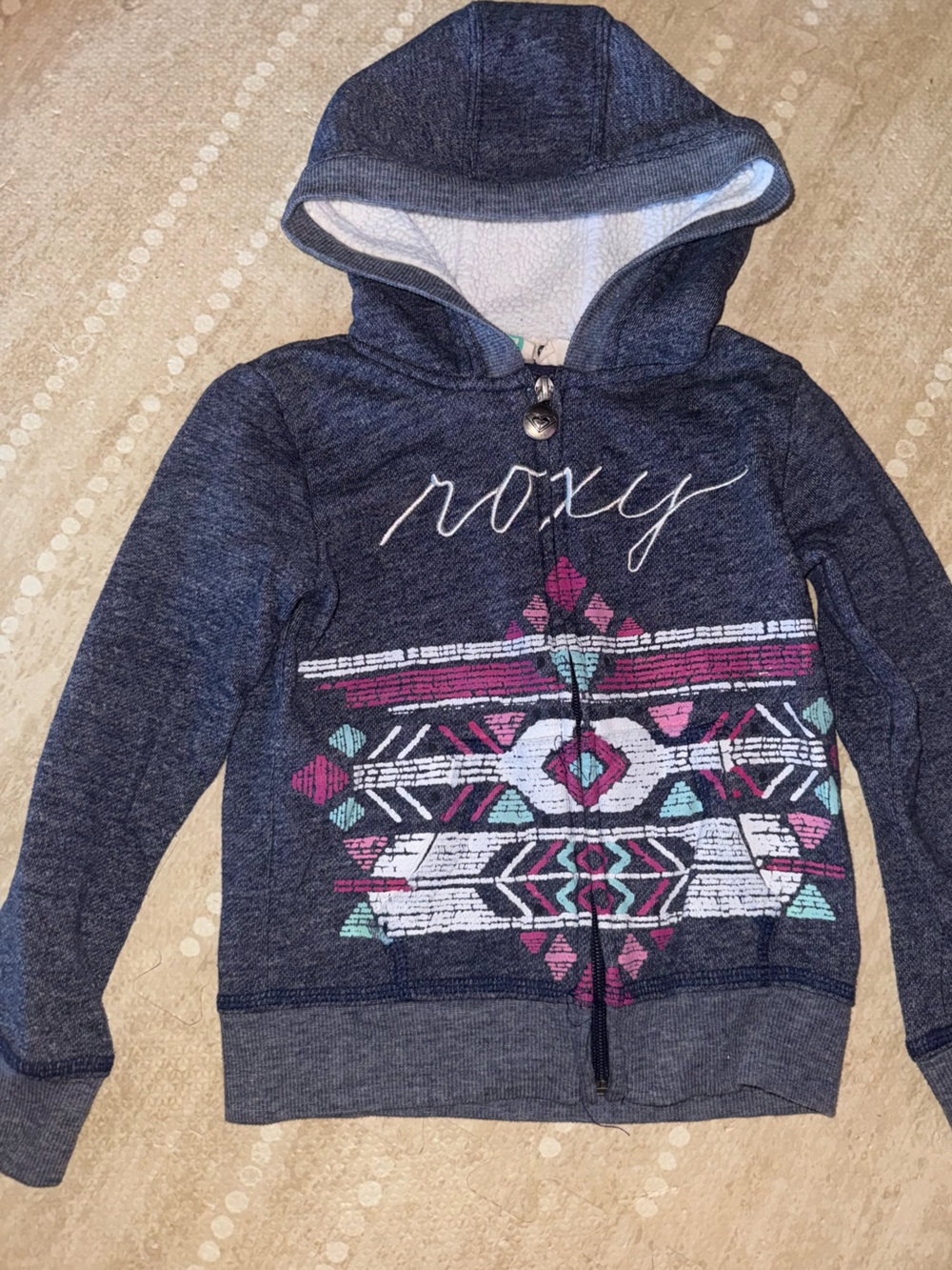 Roxy Girls Navy Heather Hoodie Pink Teal Aztec Print Zip Up Sweatshirt Size S